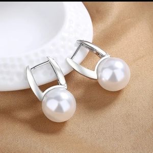 Large Silver U-shaped White Pearl Earrings